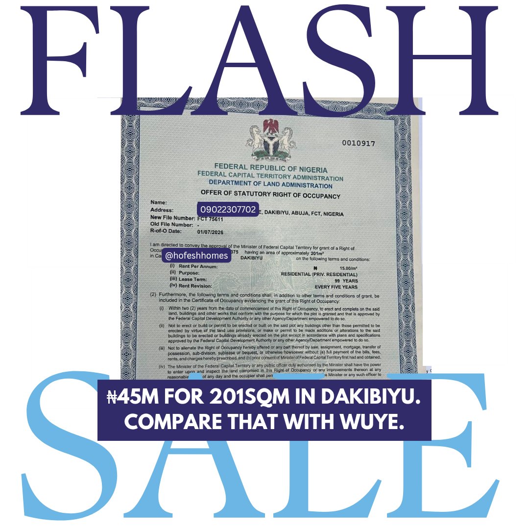 hofeshhomes's tweet photo. ₦45M FOR 201SQM IN DAKIBIYU. COMPARE THAT WITH WUYE

A 200sqm plot currently listed in Wuye is asking about ₦113.6M.

📍 Dakibiyu Abuja
📐 201sqm
🆕 New allocation
💰 ₦45M
📍 Very good location

Act fast because these plots go fast.

📞 Call 09022307702 

#Davido #Dangote https://t.co/EjujHrMeIV