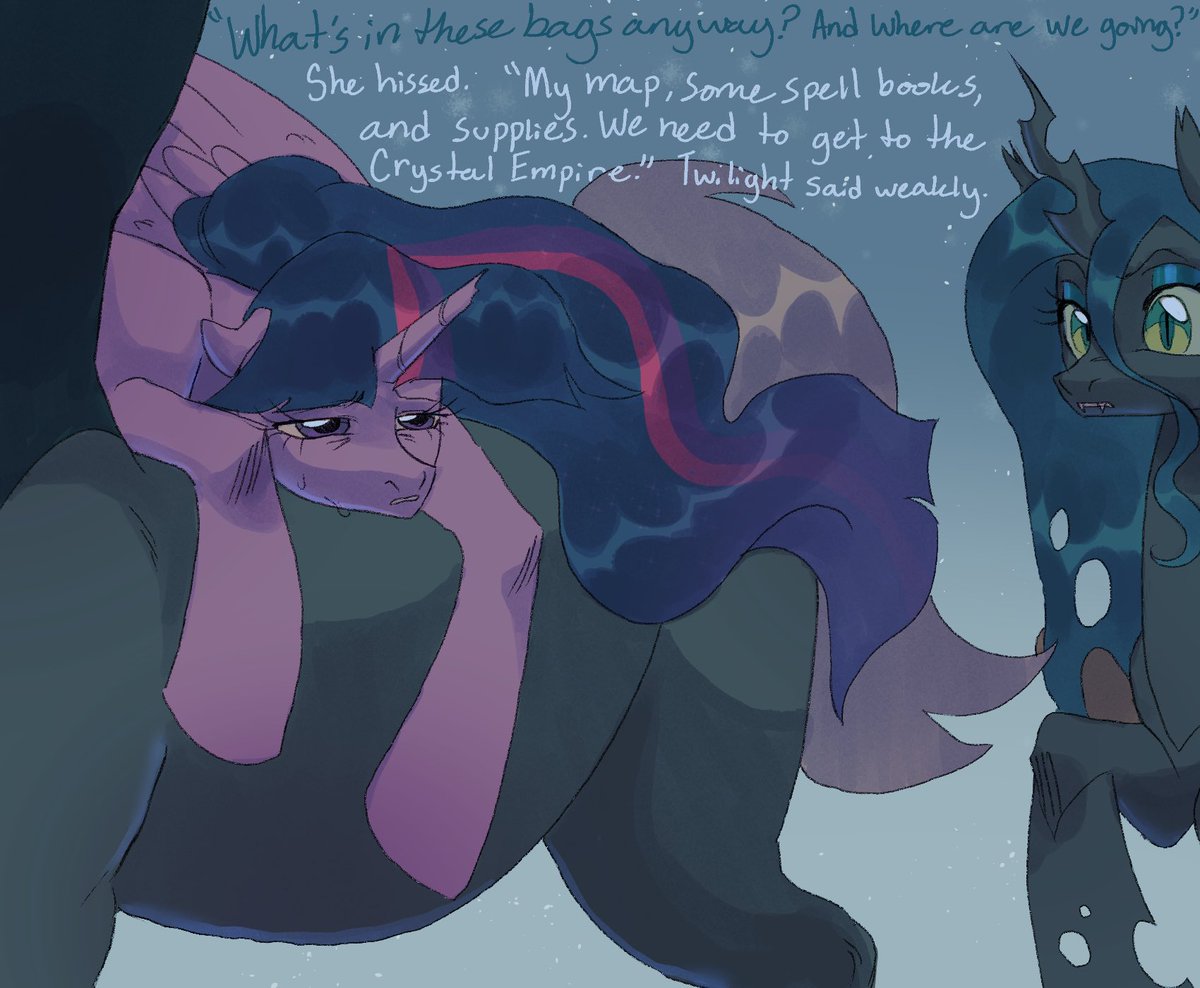 AbbyTabbys's tweet photo. (Equestria’s End au): The journey continues with the sleepy princess, who’s mystery still lingers as the villains try their hardest to figure it out on their own. https://t.co/Ewu1uGzwh9