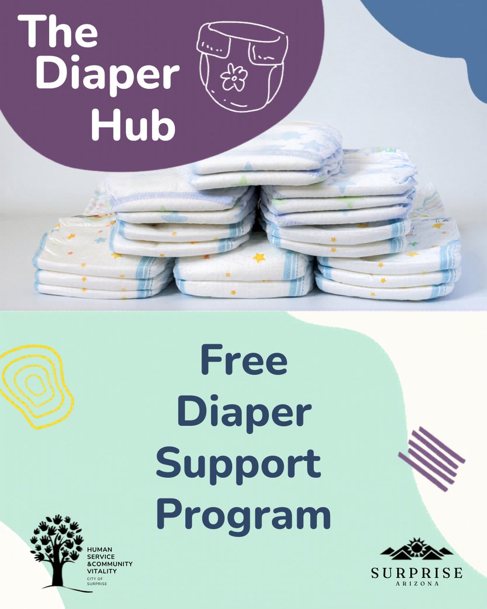 SurpriseCares's tweet photo. The Diaper Hub returns Wednesday, September 16.

Eligible families may receive up to 150 diapers per child while supplies last.

8:30-10:30 a.m. and 3-5 p.m.
Surprise Community &amp; Resource Center

📞623-222-1600 or email earlychildhood@surpriseaz.gov.

#SurpriseCares #DiaperHub https://t.co/VTu6ZmQ9AW