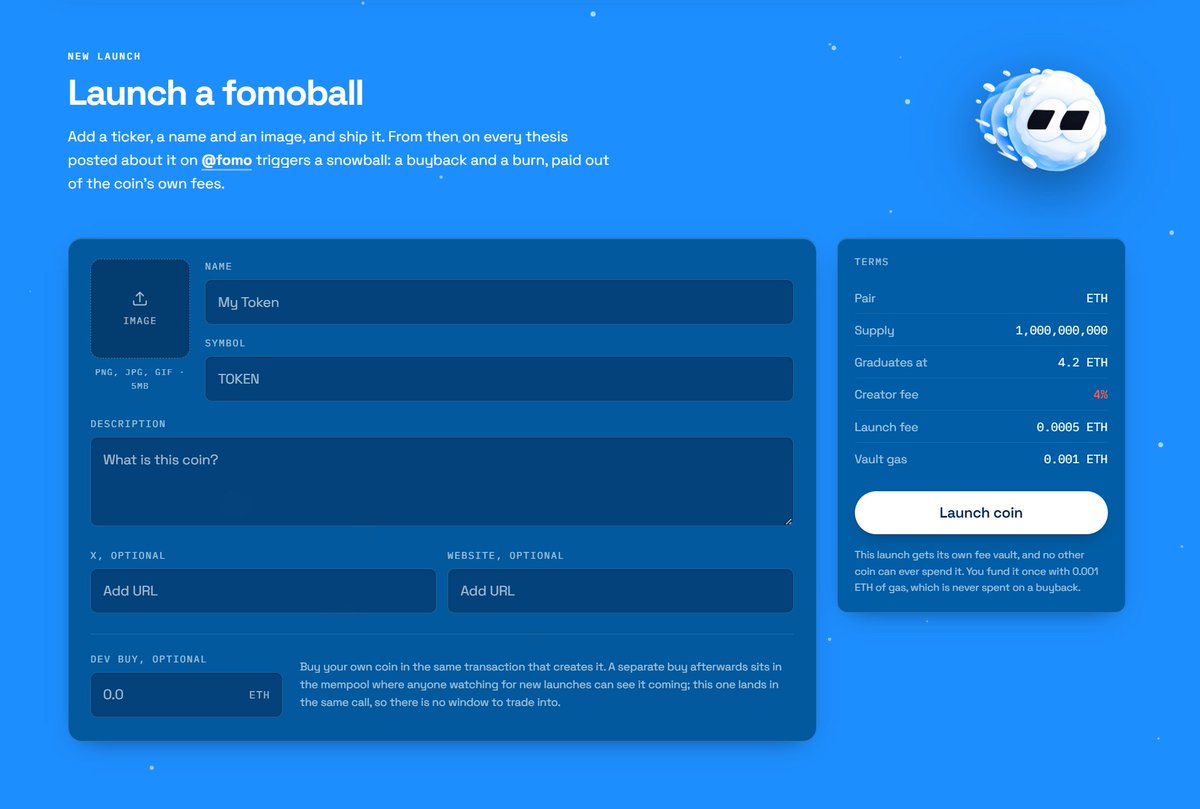 fomoballtech's tweet photo. Launching a token is just as easy as launching anywhere else.

fill in the name, ticker, and image, add an optional description + social links, then launch.

at creation, you’ll sign two transactions: one to launch the token and another to fund gas for your token’s dedicated fee vault.

that’s it. from there, trading generates the creator fees and a thesis on @fomo triggers the snowball.