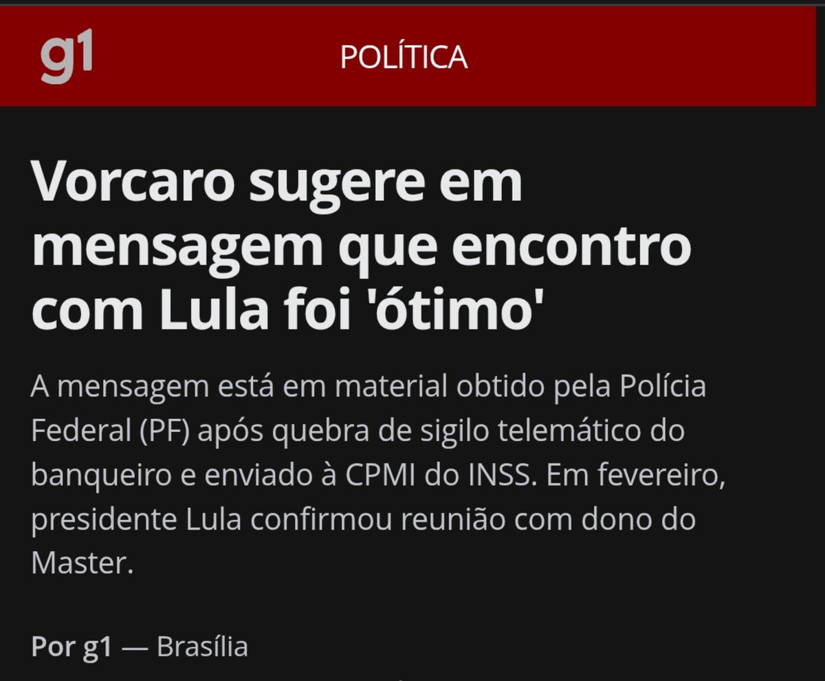 FriedHardt's tweet photo. já que a ala governista está usando um encontro de vorcaro com mendonça pra equiparar o ministro a todas as provas de corrupção de moraes, ao mesmo tempo em que diz que Lula é o único nunca citado nesse escândalo, vale lembrar NOVAMENTE:

1- Lula fez uma reunião com vorcaro fora da agenda no auge do escândalo, junto com o presidente do bc. tendo que admitir o encontro por haverem mensagens no celular citando a reunião, lula diz agora que foi apenas para avisar que o master seria investigado rigorosamente. assim como flavio se reuniu apenas para terminar a relação. parece crivel. especialmente pq vorcaro saiu da reunião dizendo para sua companheira que a reunião foi ótima

2- o então líder do governo lula no senado é um dos principais envolvidos no esquema. curioso como, mais uma vez, a cúpula do governo lula participa de escândalos de corrupção sempre sem a ciência do chefe. assim como jacques wagner, temos o mantega, o lewandowski, o rui costa, o andrei rodrigues, o paulo gonet, o alexandre silveira, enfim, todos citados em relatórios e conversas na investigação. todo o alto escalão e antigos membros do governo agindo novamente pelas costas de lula. o coitado tem um azar tremendo pra aliados

3- por fim, vorcaro se vangloriava em mensagens de ter uma relação muito proxima com o governo lula, "igual aos irmãos batista". pra quem nao se lembra, os irmaos batista mantiveram contas secretas na Suíça de propina especificamente para lula e dilma que acumulavam mais de 150 milhões de dólares 

enfim.... querem continuar com essa estratégia de colocar todos no mesmo balaio, equiparando qualquer coisa com evidências exaustivas e valores milionários em corrupção, tudo bem. mas dizer ao mesmo tempo que lula é o único que nunca foi citado no escândalo, é abusar da memória fraca do brasileiro