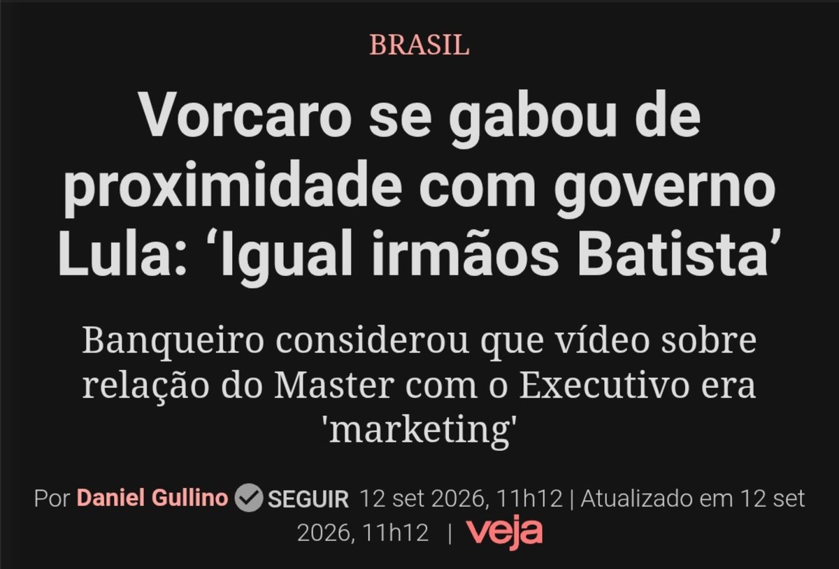 FriedHardt's tweet photo. já que a ala governista está usando um encontro de vorcaro com mendonça pra equiparar o ministro a todas as provas de corrupção de moraes, ao mesmo tempo em que diz que Lula é o único nunca citado nesse escândalo, vale lembrar NOVAMENTE:

1- Lula fez uma reunião com vorcaro fora da agenda no auge do escândalo, junto com o presidente do bc. tendo que admitir o encontro por haverem mensagens no celular citando a reunião, lula diz agora que foi apenas para avisar que o master seria investigado rigorosamente. assim como flavio se reuniu apenas para terminar a relação. parece crivel. especialmente pq vorcaro saiu da reunião dizendo para sua companheira que a reunião foi ótima

2- o então líder do governo lula no senado é um dos principais envolvidos no esquema. curioso como, mais uma vez, a cúpula do governo lula participa de escândalos de corrupção sempre sem a ciência do chefe. assim como jacques wagner, temos o mantega, o lewandowski, o rui costa, o andrei rodrigues, o paulo gonet, o alexandre silveira, enfim, todos citados em relatórios e conversas na investigação. todo o alto escalão e antigos membros do governo agindo novamente pelas costas de lula. o coitado tem um azar tremendo pra aliados

3- por fim, vorcaro se vangloriava em mensagens de ter uma relação muito proxima com o governo lula, "igual aos irmãos batista". pra quem nao se lembra, os irmaos batista mantiveram contas secretas na Suíça de propina especificamente para lula e dilma que acumulavam mais de 150 milhões de dólares 

enfim.... querem continuar com essa estratégia de colocar todos no mesmo balaio, equiparando qualquer coisa com evidências exaustivas e valores milionários em corrupção, tudo bem. mas dizer ao mesmo tempo que lula é o único que nunca foi citado no escândalo, é abusar da memória fraca do brasileiro