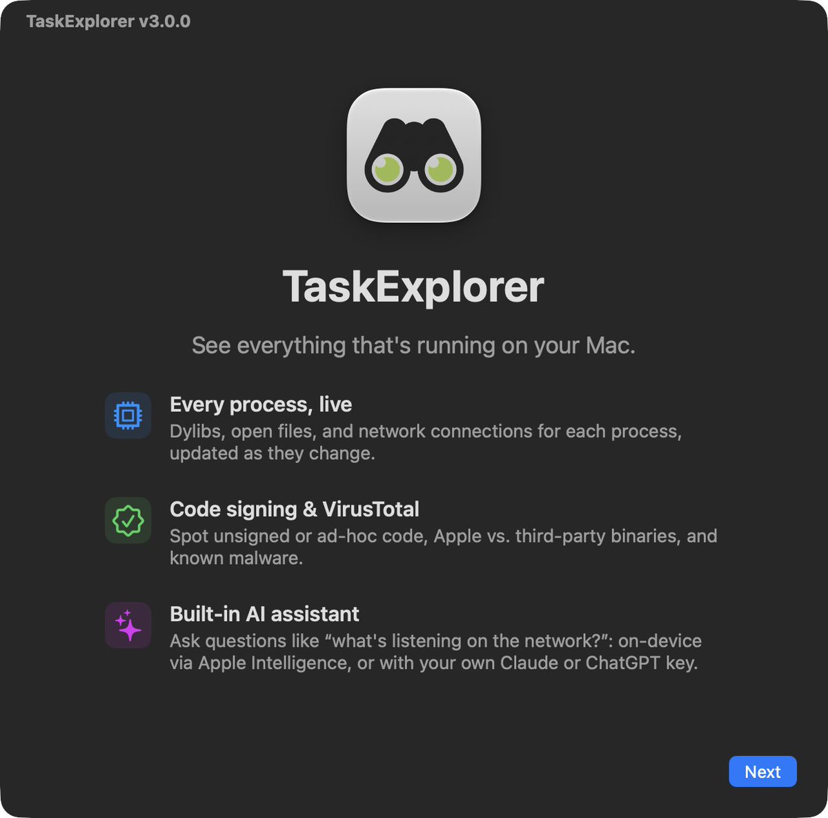 patrickwardle's tweet photo. I've just (re)written TaskExplorer

Think Process Monitor but for macOS, open source, &amp;  much more powerful 💪🏽

Highlights:
• CLI + JSON export
• On-device AI assistant
• Code signing + VirusTotal context
• Live process/file/dylib/network activity

https://t.co/1rfeBWoEVE https://t.co/wrhVCbKkJC