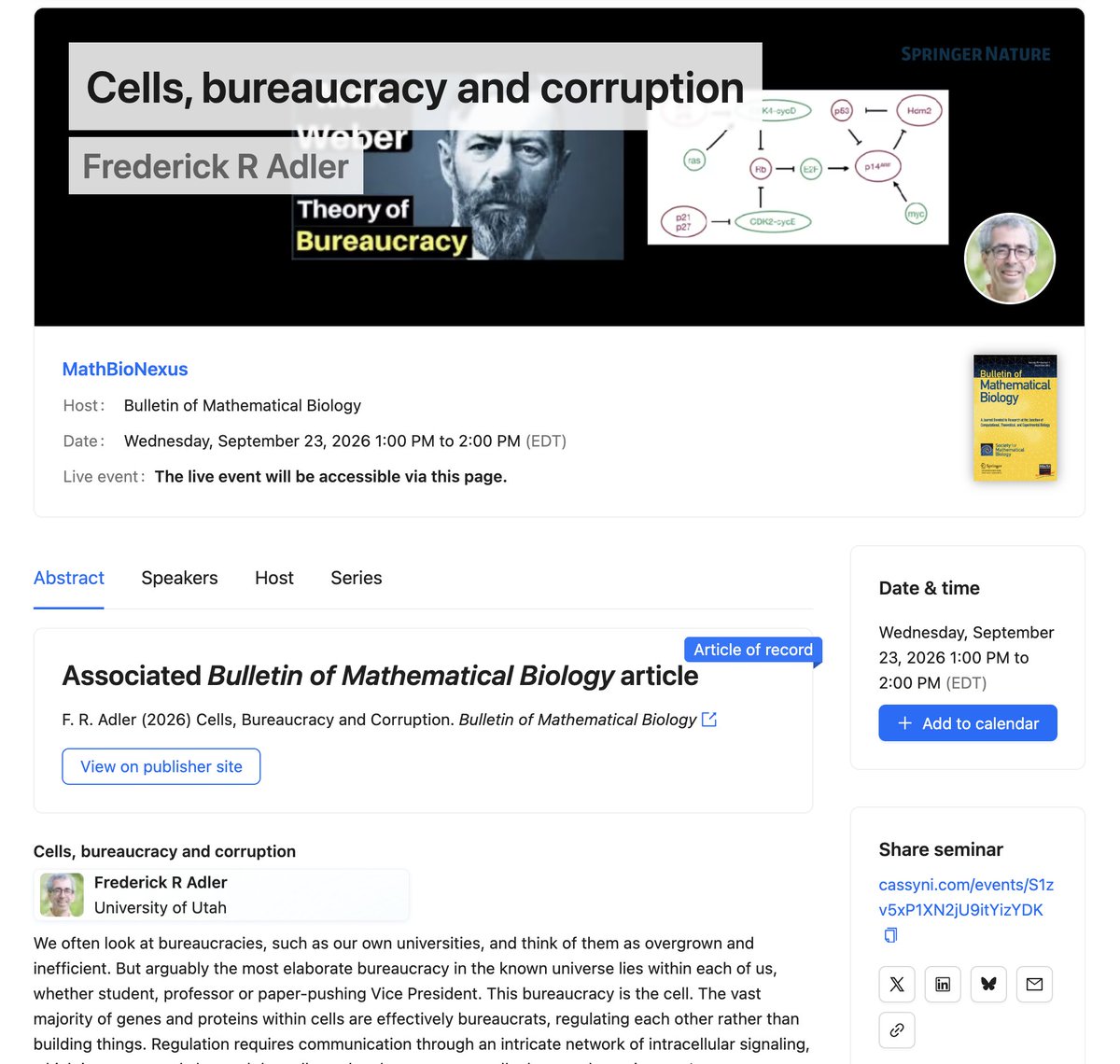 mathoncbro's tweet photo. Check out the new initiation from Bulletin of Mathematical Biology called MathBioNexus.

Live seminars, the next one entitled "Cells, bureaucracy and corruption" by Fred Adler
https://t.co/z2RDfVrhMW https://t.co/5F6zPMKKpg