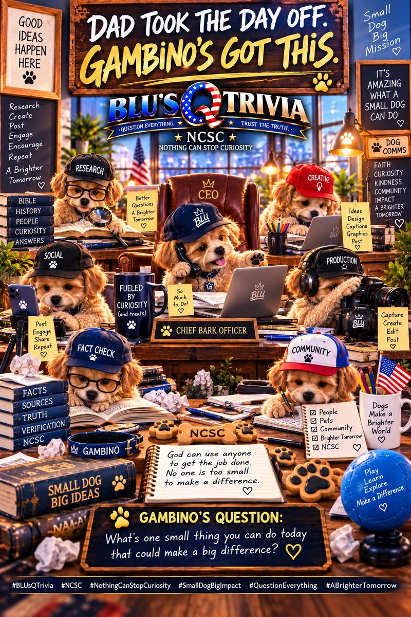 DreamBlu2813's tweet photo. 🐾 “You don’t have to be big to make a BIG difference.” —               Gambino
💥Dad took the day off… so Gambino took over. 😂🐾
What can YOU do today?
#BLUsQTrivia #Gambino #NCSC #NothingCanStopCuriosity #SmallDogBigImpact #QuestionEverything #TrustTheTruth #ABrighterTomorrow https://t.co/LZOXBwDo9Q