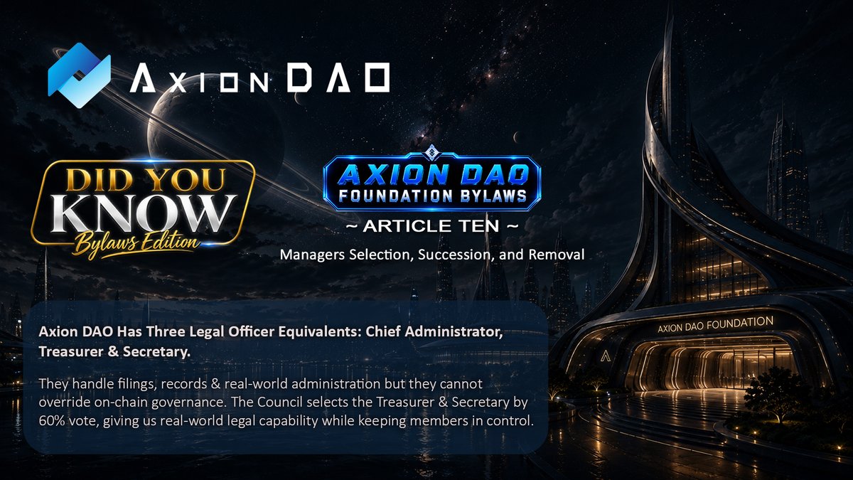 axion_network's tweet photo. Did You Know⁉️

Axion DAO Has Three Legal Officer Equivalents: Chief Administrator, Treasurer & Secretary.

They handle filings, records & real-world administration, but they cannot override on-chain governance. The Council selects the Treasurer & Secretary by 60% vote, giving us real-world legal capability while keeping members in control.

https://t.co/qgeZzp3Ysv