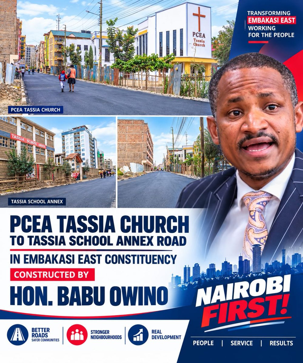 MusyokaJunior1's tweet photo. Hon. Babu Owino delivers again.
The road from PCEA Tassia Church to Tassia School Annex is complete and ready for use.
Another promise delivered. Another road improved for the people of Tassia.
#NairobiFirst
#BabuKwaSababu
#EmbakasiEast
#Babu4Governor047 https://t.co/MuZuD1Mmue