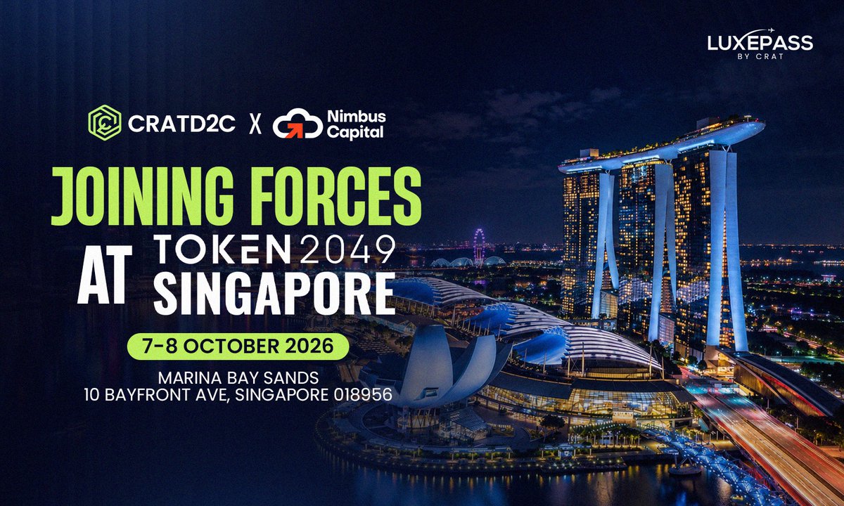 CratD2C's tweet photo. 🇸🇬 See you at #TOKEN2049, Singapore.

CratD2C is joining forces with @Nimbus_Capital_ at Marina Bay Sands, Oct 7-8 - two days with 25,000+ builders, investors and decision-makers from across the industry.

On the agenda: Layer-1 DPoS infrastructure, real-world adoption, and where the CratD2C ecosystem goes next 🌐

If you're attending, drop a 👋 ; let's connect.

$CRAT #Web3 #BlockchainEvents