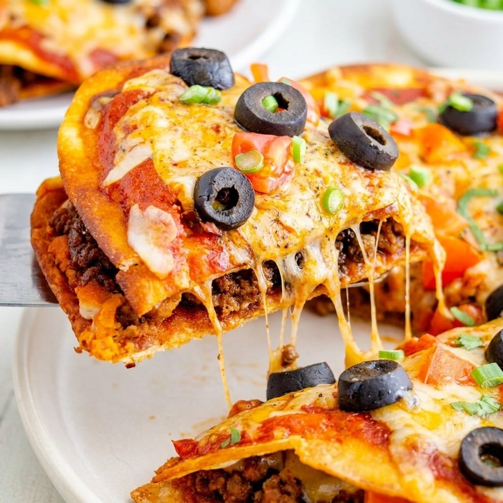 recipesbyclare's tweet photo. Copycat Taco Bell Mexican Pizza Recipe

Ingredients:
- 8 (8-inch) flour tortillas
- 2 tablespoons vegetable oil
- 1 cup refried beans, warmed
- 1 cup cooked, Mexican-seasoned ground beef
- 1/2 cup taco sauce
- 1/4 cup red enchilada sauce
- 2 cups shredded mozzarella cheese, divided
- 1 cup shredded Mexican cheese blend
- 1/2 cup diced tomatoes
- 3 tablespoons black olives
- 3 tablespoons chopped green onions

Instructions:
1. Preheat the Oven: Preheat your oven to 400 degrees.
2. Fry the Tortillas: Heat vegetable oil in a non-stick skillet over medium heat. Once hot, fry the tortillas one at a time until golden brown on both sides, about 2 to 3 minutes per side. Remove each fried tortilla and drain on a paper towel-lined plate.
3. Arrange Base Tortillas: Layout 4 of the fried tortillas on a baking sheet - these will be the bases for your pizzas.
4. Add First Layer: Spread an even layer of warmed refried beans on each base tortilla. Add a layer of the cooked Mexican-seasoned ground beef, then sprinkle with half of the mozzarella cheese.
5. Add Top Layer: Place one of the remaining fried tortillas on top of each pizza to create a sandwich-like structure.
6. Make the Sauce Mixture: In a small bowl, combine the taco sauce and red enchilada sauce. Mix well until combined.
7. Add Sauce and Cheese: Spread about 2 tablespoons of the sauce mixture over the top of each pizza. Sprinkle with the remaining mozzarella cheese and all of the Mexican cheese blend.
8. Bake: Bake at 400 degrees for 3 to 4 minutes until the cheese is melted and bubbly.
9. Top and Serve: Top each Mexican pizza with diced tomatoes, black olives, and chopped green onions. Slice into quarters and serve hot!