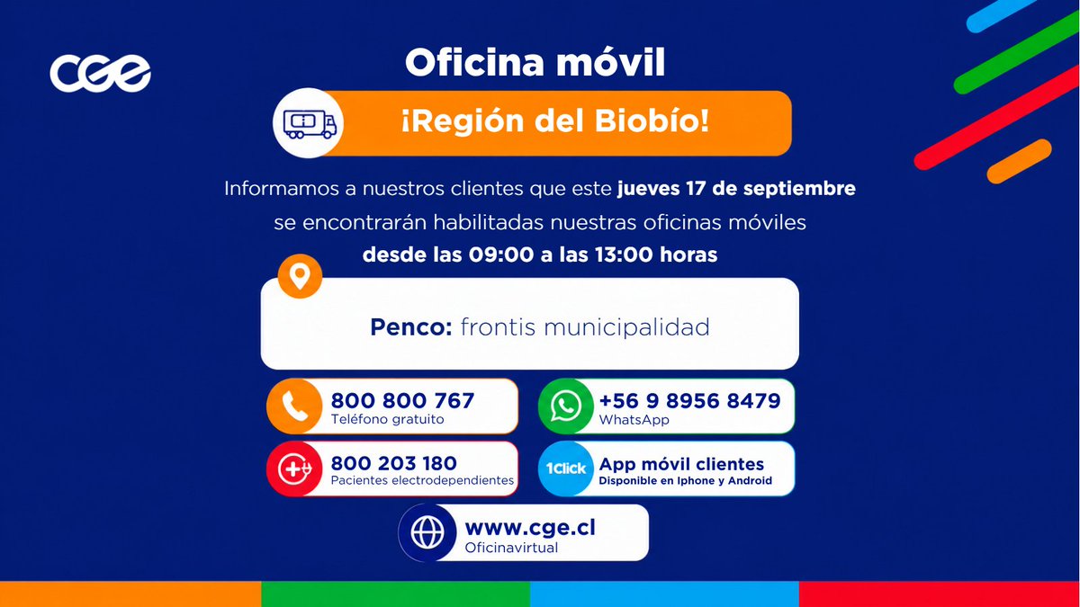 CGE_Clientes's tweet photo. ¡Atención! Recuerda que este jueves, desde las 09:00 hasta las 13:00 horas, nuestra #OficinaMóvilCGE 🚐 atenderá tus consultas y solicitudes en plaza de la comuna de #Hualqui. No olvides tener siempre a mano tu número de cliente. #EntregamosEnergía ⚡ https://t.co/UwO03miDMe