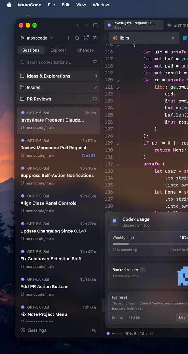 nikolay_dp's tweet photo. Monocode v0.1.49 is out

- Drag tabs & split panes to reshape your workspace
- GitHub issues and PRs now open beside your chats
- Merge, close or change PR status
- Per-project notifications and inbox controls
- Detailed Claude/Codex usage limits & banked resets

and a bunch of other small additions and bug fixes

thanks @ognjeeen_ @ardev_ts @codexakshat and everyone else who contributed ❤️
