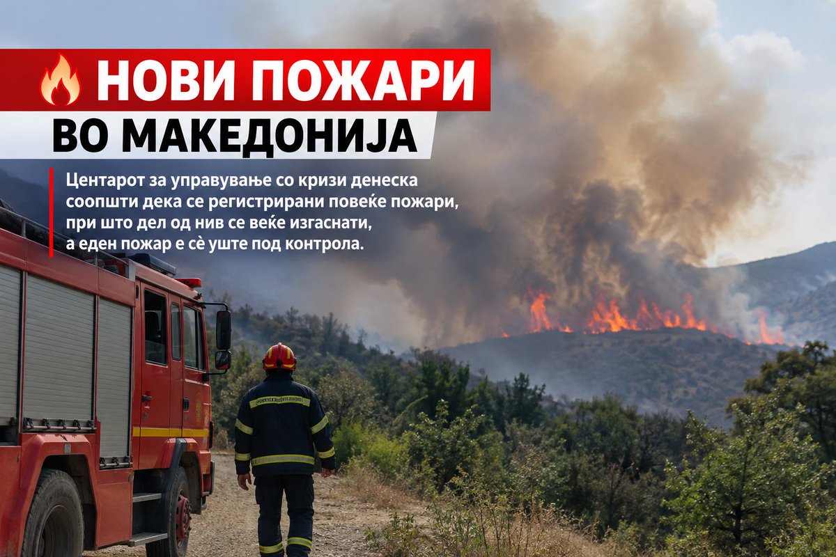 Macedonianne's tweet photo. 🔥 НОВИ ПОЖАРИ ВО МАКЕДОНИЈА

Центарот за управување со кризи денеска соопшти дека се регистрирани повеќе пожари, при што дел од нив се веќе изгаснати, а еден пожар е сè уште под контрола. 🚒

#Македонија #Пожари #Вести https://t.co/GK4EFebNfU