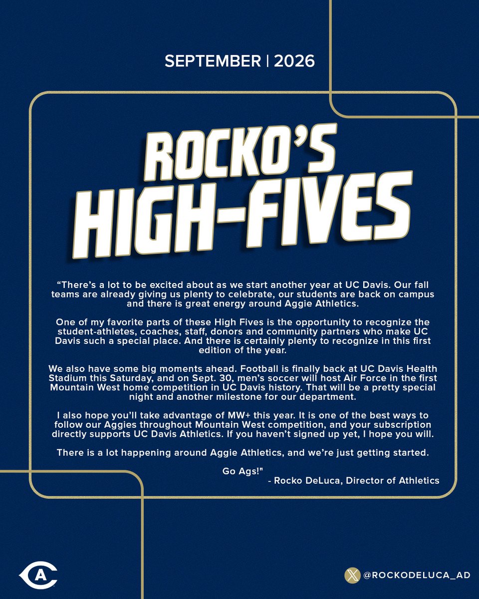 ucdavisaggies's tweet photo. Rocko's High-Fives are back for 2026-27 🖐️

Football is back at UC Davis Health Stadium on Saturday, students are back on campus and there is plenty to recognize in the first edition of the year.

Five high-fives from @RockoDeLuca_AD ⤵️ https://t.co/GljAXW206r