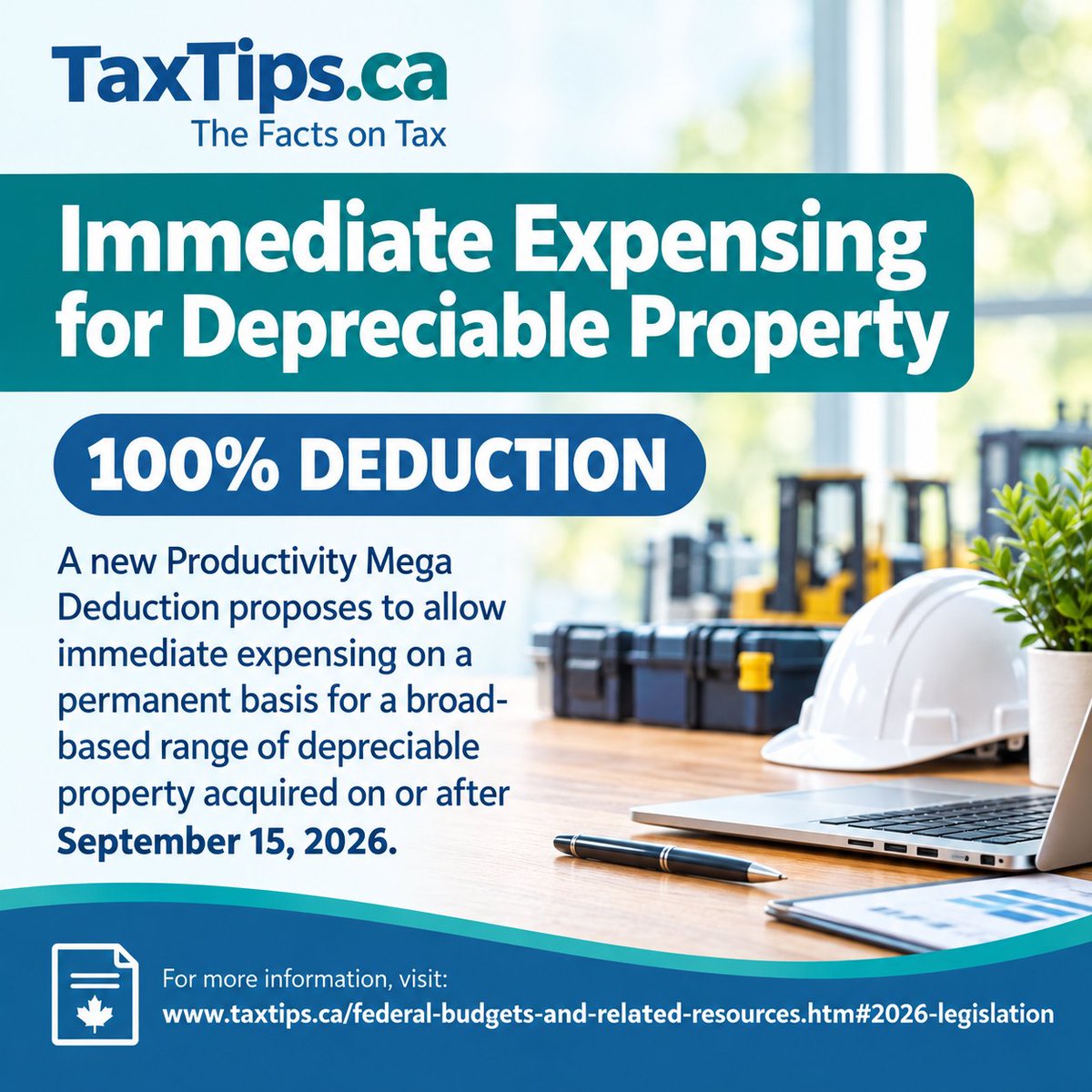 TaxTipsCdn's tweet photo. Immediate Expensing for Depreciable Property
#CdnTax #smallbizcanada #TaxPlanning #BusinessTax #TaxDeduction
https://t.co/49kWwCI1mZ https://t.co/gNJpZ7CR2f
