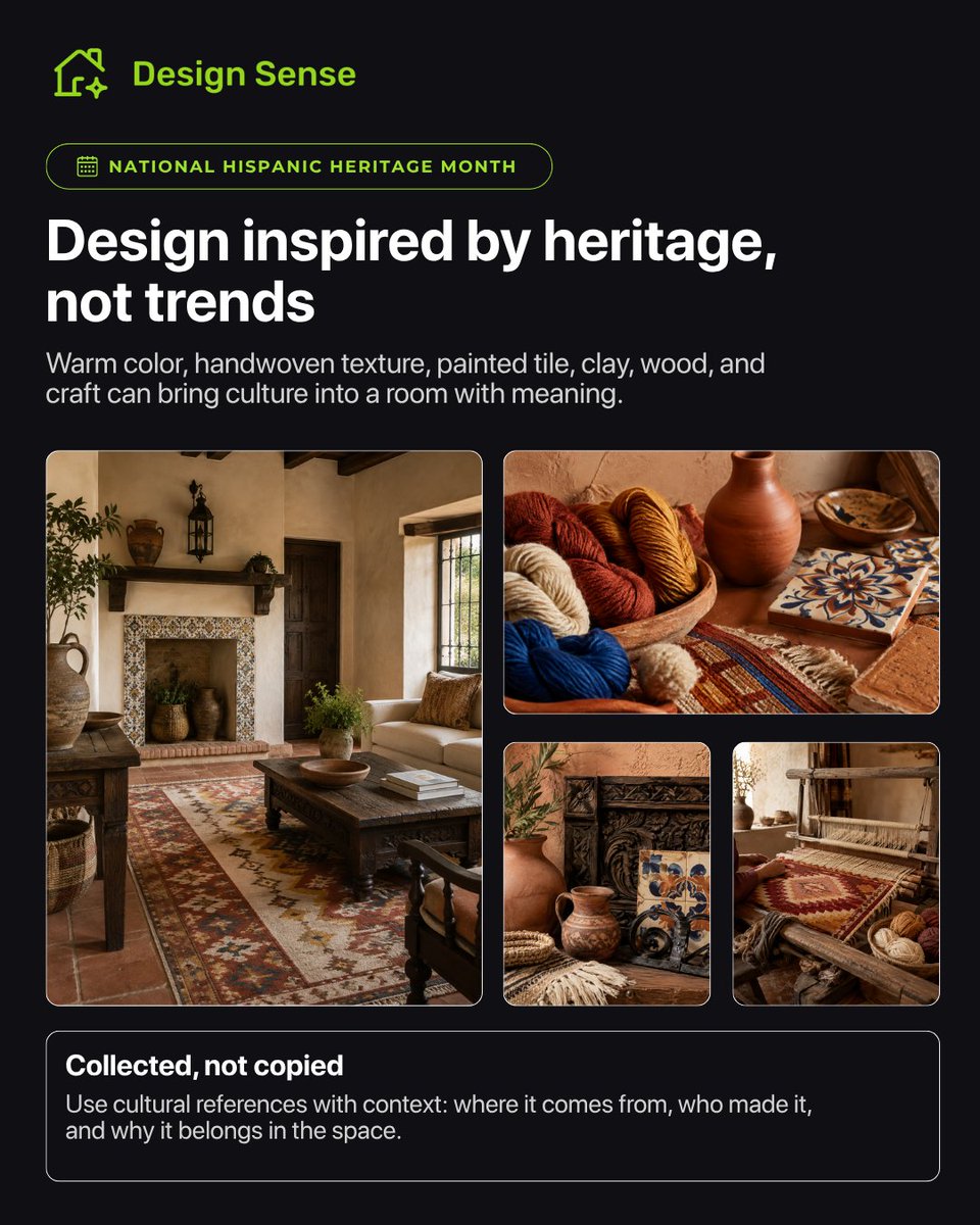 DesignSenseAI's tweet photo. For National Hispanic Heritage Month, let the inspiration come from the story.

Explore your next room direction 👇
Website: https://t.co/ZQtWhh0HA1
iOS: https://t.co/TPnM2Bjf7x
Playstore: https://t.co/kxrsi0SIpj

#HispanicHeritageMonth #Interior #CulturalDesign #HomeDesignIdeas https://t.co/IPR9GiPVTr