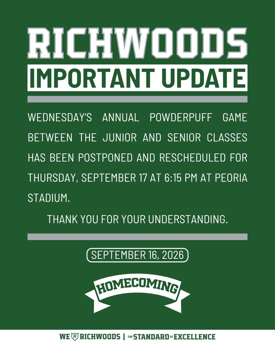 Richwoods_HS's tweet photo. IMPORTANT UPDATE

#weRrichwoods | #TheStandardOfExcellence https://t.co/Vlllwe5HkH