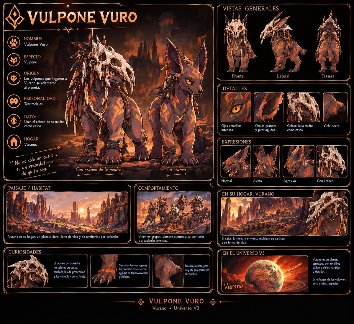 Universozyx's tweet photo. Nombre: vulpone vuro         
Especie: vulpone         
Origen: los vulpones que llegaron a Vurano se adaptaron al planeta         
Personalidad: territoriales         
Dato: usan el cráneo de su madre como casco         
Hogar: Vurano     

#zyx #lore https://t.co/FzlJEJLlDk