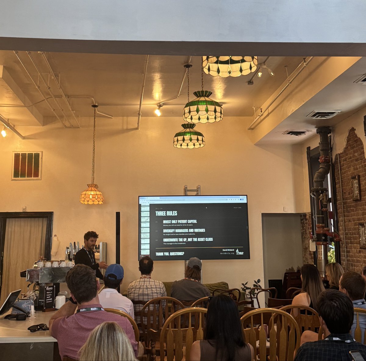 MainStSummit's tweet photo. David Wieland @MotivateVC: “Your Portfolio is Missing Its Best Performer: VC Fund Investing 101”

Three Rules 📝 
1. Invest only patient capital.
2. Diversify managers and vintages.
3. Underwrite the GP, not the asset class.

📍Wynnsome Cake &amp; Tea @CapitalCamp @MainStSummit https://t.co/BMB4j6OFEc