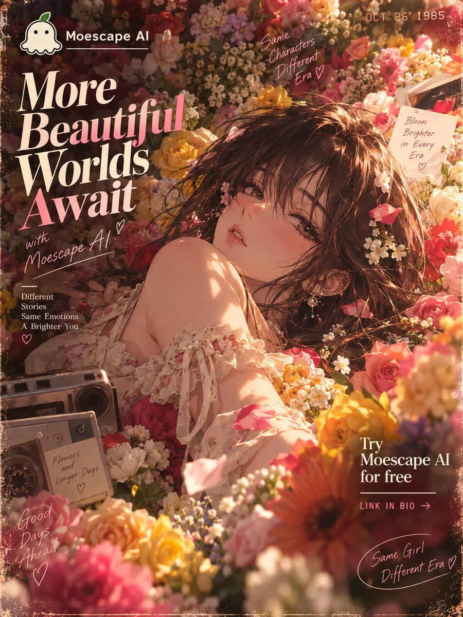 MoescapeAi's tweet photo. ✨ MOESCAPE AI ✨
Seedream 5.0
IMAGE TO IMAGE + TEXT TO IMAGE

PROMPT: Reimagine the character in the reference as a dreamy flower anime girl. Preserve her recognizable face, hairstyle, eye color and identity while changing her outfit, pose and environment to match a soft floral fantasy aesthetic.

Premium cinematic anime illustration, delicate painterly rendering, luminous skin, sparkling detailed eyes, soft hair strands, pastel colors, gentle cel-shading, dreamy bloom, soft sunlight, subtle film grain and ethereal atmosphere.

Use a vertical 3:4 composition with graceful, feminine poses, varied camera angles and flowing movement. Style her in elegant floral dresses, ribbons, lace, sheer fabrics, petals and nature-inspired accessories.

Backgrounds filled with flower fields, blooming gardens, cherry blossoms, wildflowers, butterflies, soft clouds, glowing petals and golden-hour light. Create a romantic, whimsical and magical atmosphere. Each character should have a different pose, outfit, flowers and setting while keeping the same dreamy flower aesthetic.

✨ Create your own with Moescape AI, link in bio!

#Anime #Trend #FYP #ForYouPage