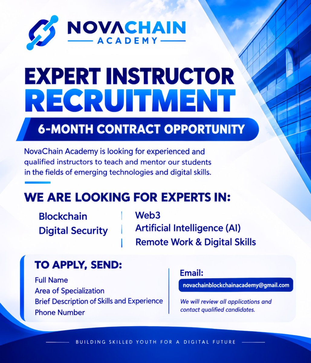 NovaAcademy01's tweet photo. SANARWA!!! 📢
MUNA NEMAN ƘARIN ƘWARARRUN MALAMAI.

NovaChain Academy na sanar da buɗe guraben aiki ga malamai ƙwararru a fannin Blockchain, Web3 Artificial Intelligence (AI), Digital Security, Remote Work & Digital, domin koyarwa da horas da ɗalibanmu, Muna neman mutane masu ilimi, ƙwarewa, gogewa da kishin koyarwa, waɗanda za su iya taka muhimmiyar rawa wajan gina ƙwararrun matasa da kuma haɓaka ilimin fasahar zamani a cikin al’umma.

SHARUƊƊAN AIKIN.

Zamu ɗauki waɗanda suka cancanta aiki na tsawon watanni shida (6) a matsayin Contract Staff, A yayin wannan wa’adin, ma’aikaci zai kasance yana samun albashi kowane wata bisa tsarin aikin da aka amince da shi, Bayan kammala wa’adin watanni shida, idan ma’aikaci ya nuna ƙwarewa, jajircewa, ingantaccen aiki da cikakkiyar cancanta, NovaChain Academy na iya ba shi damar ci gaba da aiki a matsayin Permanent Staff.

Sabbin malaman da za a ɗauka za su yi aiki tare da ƙwararrun malaman da muke da su a yanzu, domin samar da ingantaccen tsarin koyarwa, musayar ilimi da haɗin gwiwa, Muna son bayyana cewa tunaninmu ba zai tsaya ga malaman da muke da su yanzu kawai ba, Saboda akwai wasu lokuta da malami zai iya samun uzuri ko wasu dalilai da za su hana shi ci gaba da aiki, muna son gina ƙungiyar malamai mai ƙarfi da faɗi, wadda za ta bai wa ƙwararru dama a kowane lokaci.

A NovaChain Academy, muna ba da dama ne bisa:

✅ Cancanta
✅ Ilimi
✅ Ƙwarewa
✅ Gogewa
✅ Jajircewa da ƙwazo

Ko wanene kai, daga ina ka fito, ko wane matsayi kake da shi a yanzu—idan kana da cancantar aikin, za mu yi la’akari da kai, Ba za mu ɗauki mutum aiki saboda suna, matsayi ko sanayya ba, Cancanta da ƙwarewa su ne ginshiƙan zaɓinmu.

📩 YADDA ZA KA NEMA

Idan kana da sha’awar wannan gurbi kuma ka yi imanin cewa ka cancanta da aikin, turo mana da.

🔹 Cikakken suna
🔹 Fannin da ka ƙware a kai
🔹 Takaitaccen bayani kan ƙwarewarka da gogewarka
🔹 Lambar wayarka

📧 Email:
novachainblockchainacademy@gmail.com

Za mu duba bayanan duk masu neman aikin, sannan mu tuntubi waɗanda suka dace da buƙatun aikin.

Muna neman ƙwararru.
Muna gina ƙwararru.
Muna shirya ɗalibanmu domin makomar fasahar zamani.

NovaChain Academy 
16/09/2026