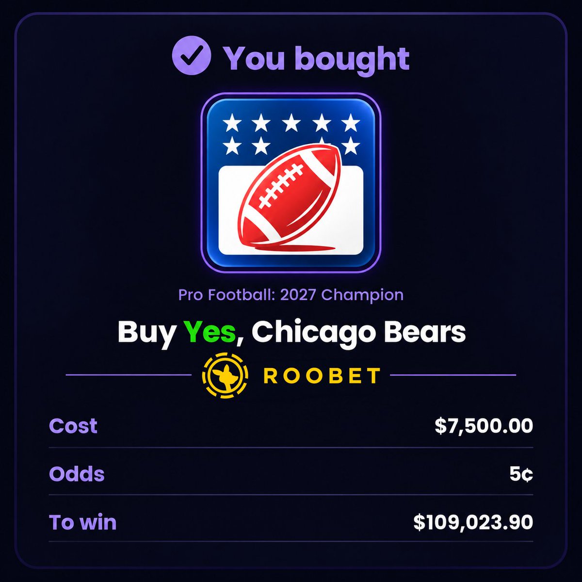 Roobet's tweet photo. Logo theory believers are real and one of them bet $7,500 

A trader on Roobet is backing the Bears to win it all based on the colors in this year's logo https://t.co/dRSFCIlfHN