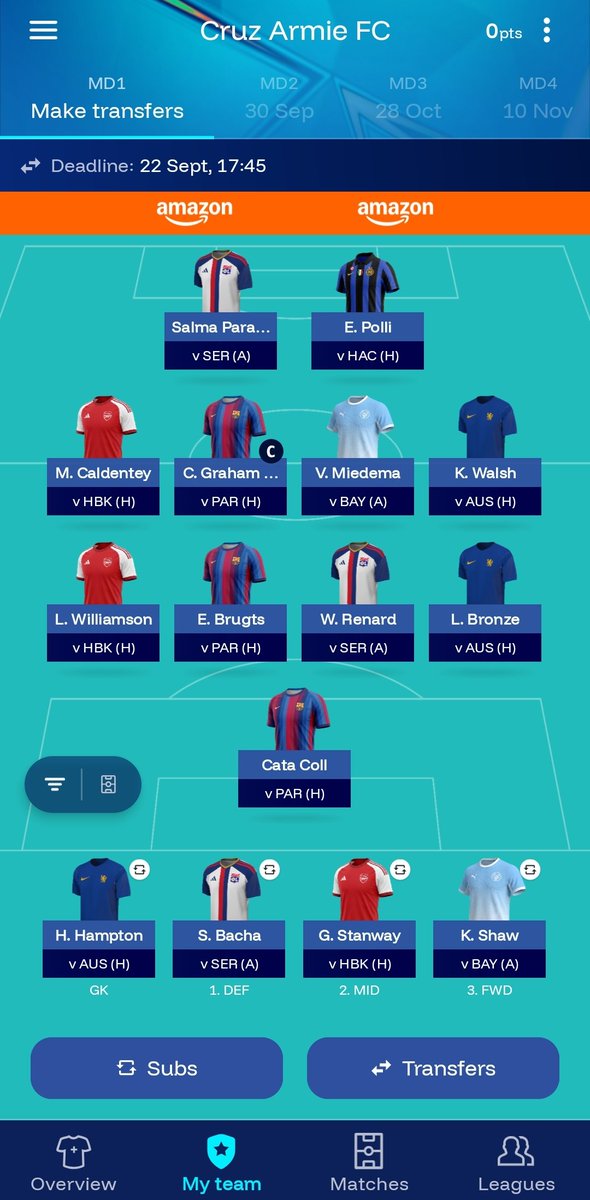 Cruz17Blue's tweet photo. All teams are now available in UWCL Fantasy! 

If you’re playing, I will be covering it! Most likely starting the week of the first fixtures.

Made a very quick first draft that will likely change a lot, here’s how it looks ⬇️ 

#UWCLFantasy https://t.co/N38laUTpVb