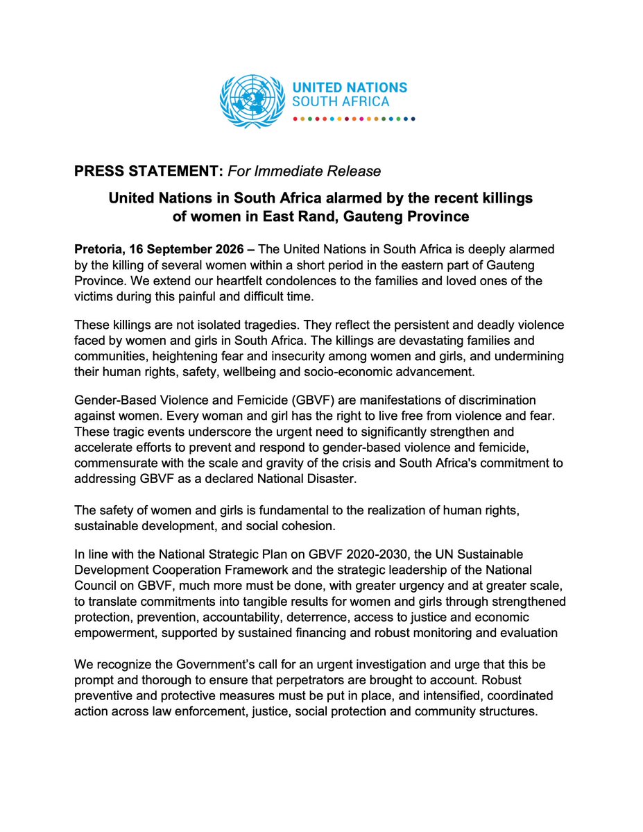 UNSpotlight's tweet photo. The United Nations condemns violence against women and girls in all its forms and manifestations, and stands in solidarity with victims, their families and all women and girls in South Africa. #EVAWG https://t.co/uOQFZtmDwT