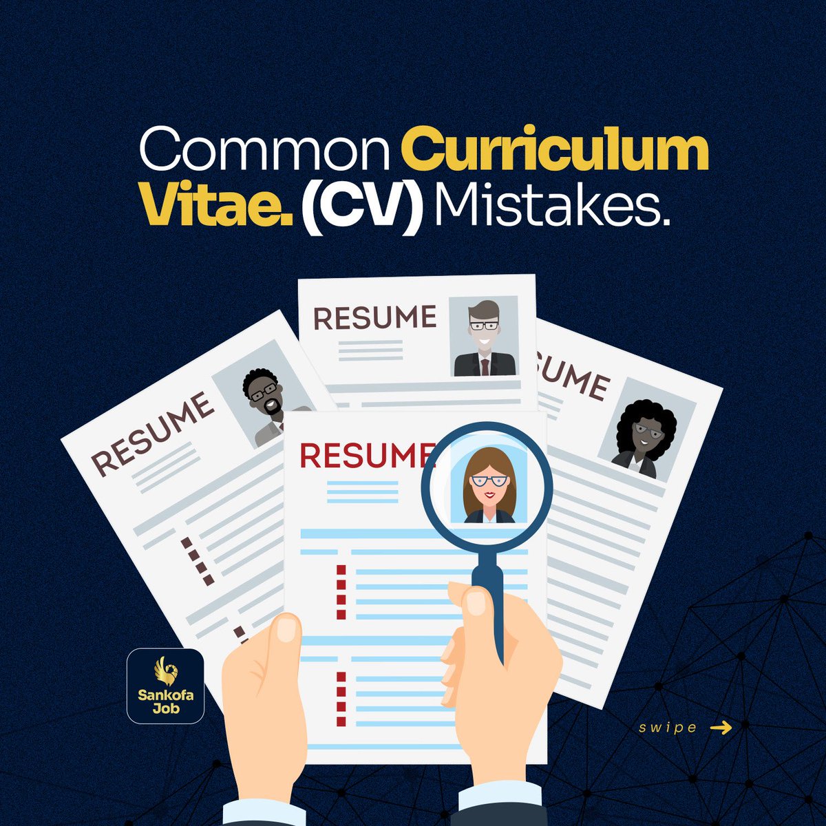Sankofajobs's tweet photo. Swipe through to catch the most common CV mistakes job seekers make and how to fix them before you apply.  
Still wondering why your applications are not getting a response? It might be small errors hiding in plain sight. A clean, well structured CV is your first step toward crossing the bridge.  
Make sure to turn on your notifications so you never miss a tip, an update, or an alert about new opportunities as we head toward our national launch.  
Sankofa Job is completely free for job seekers. 
Visit https://t.co/2ZKb68jdI6 to get started