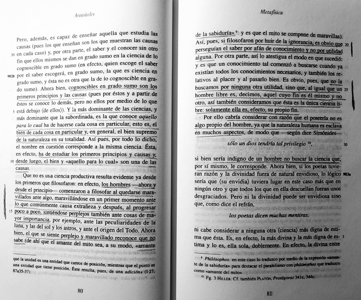 Alex_philosoph's tweet photo. A propósito de este tuit, os dejo el famoso fragmento de Aristóteles («Metafísica» I,2) donde dice que la Filosofía nace del asombro, que es la única disciplina libre, ya que solo ella es su propio fin, y que los que filosofan lo hacen por huir de la ignorancia y no por utilidad. https://t.co/K5pFuhYA6M