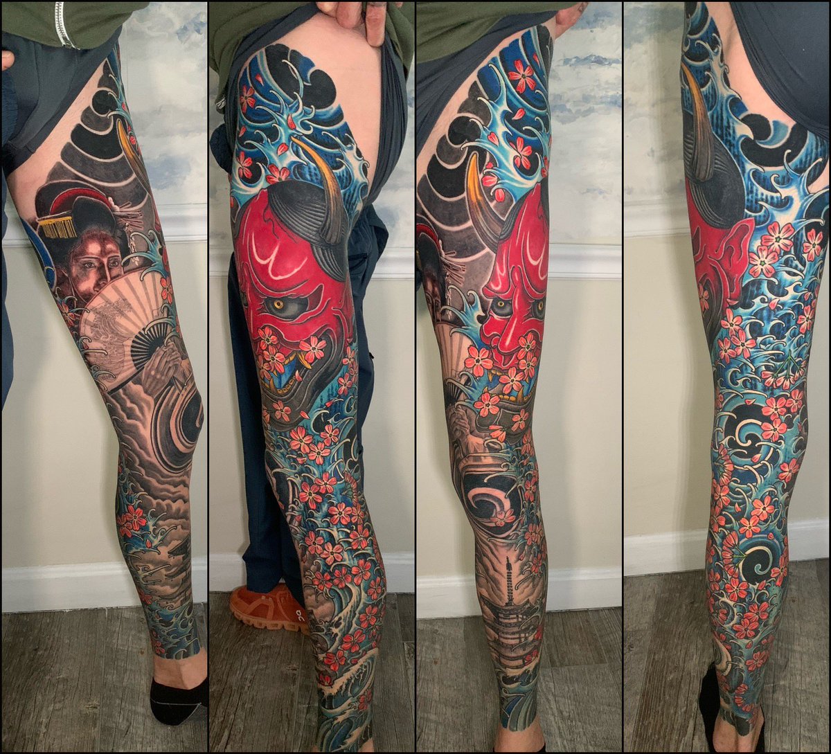Diamondmindtat2's tweet photo. Four angles on this Japanese leg sleeve — Hannya, geisha, waves, the whole wrap.

Walk-ins welcome at Diamond Mind.
53 Main St, Buzzards Bay · 10–6 daily https://t.co/hixvymJ8iQ