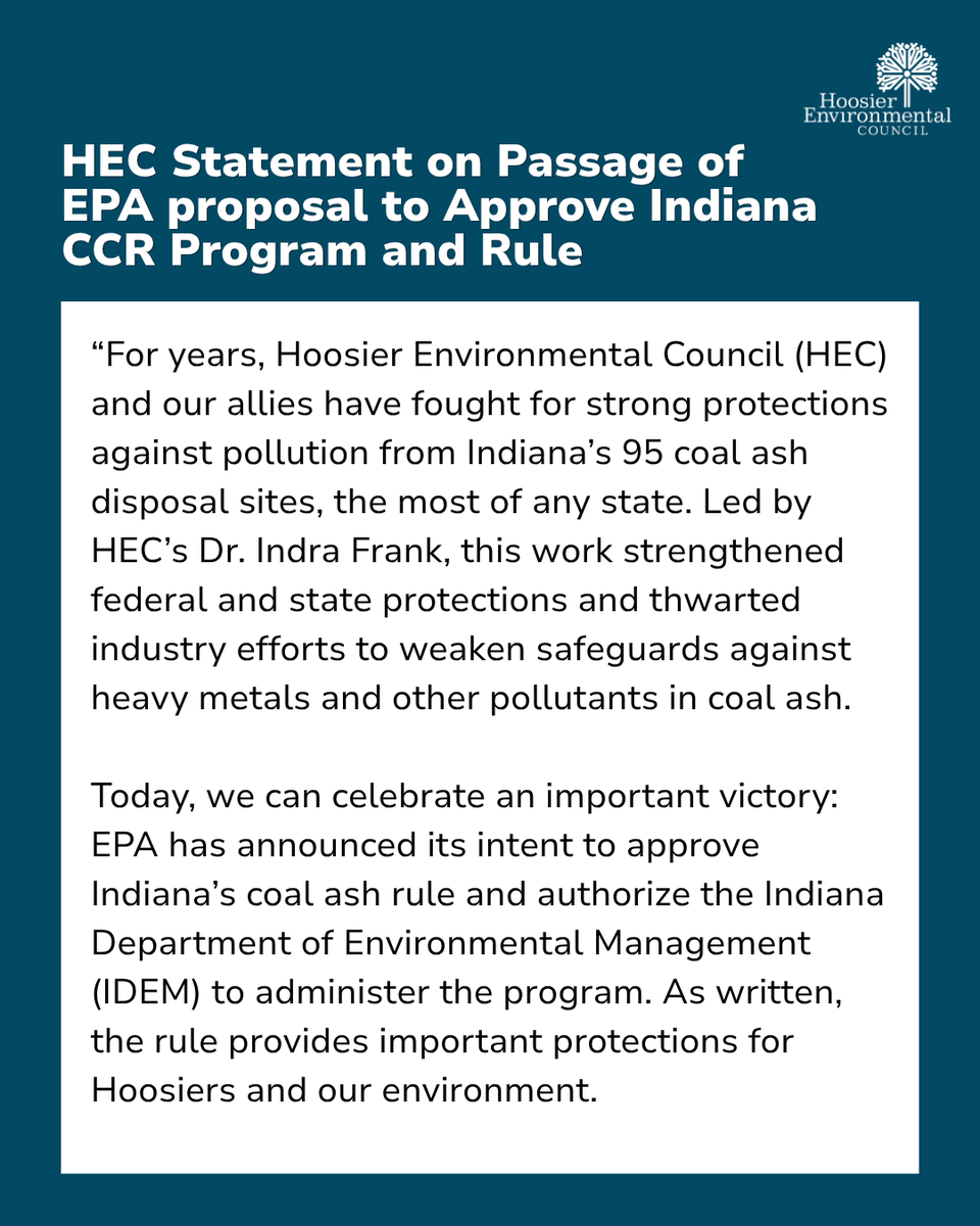 HEC_ED's tweet photo. HEC statement on EPA proposal to Approve Indiana CCR Program and Rule: https://t.co/Sh4DXAxGaP https://t.co/4d8oDoumKq