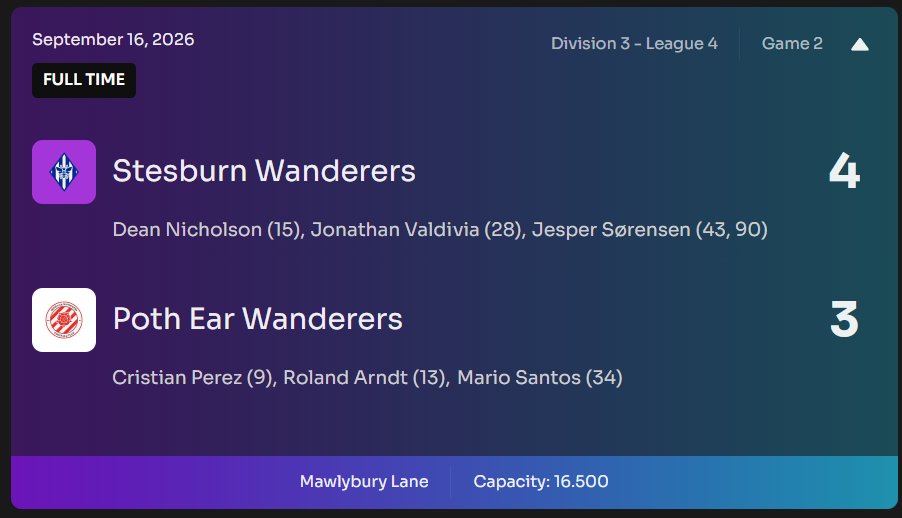 kryptonending's tweet photo. FIRST WIN IN LEAGUE 3!   
Stesburn triumphs 4–3 in a wild match, coming from behind twice and winning at the 90th minute. Nicholson scores on his senior debut — right after the manager’s pep talk. 

The hive is buzzing. 🐝🔥 @Footium https://t.co/WPFvQmvffu