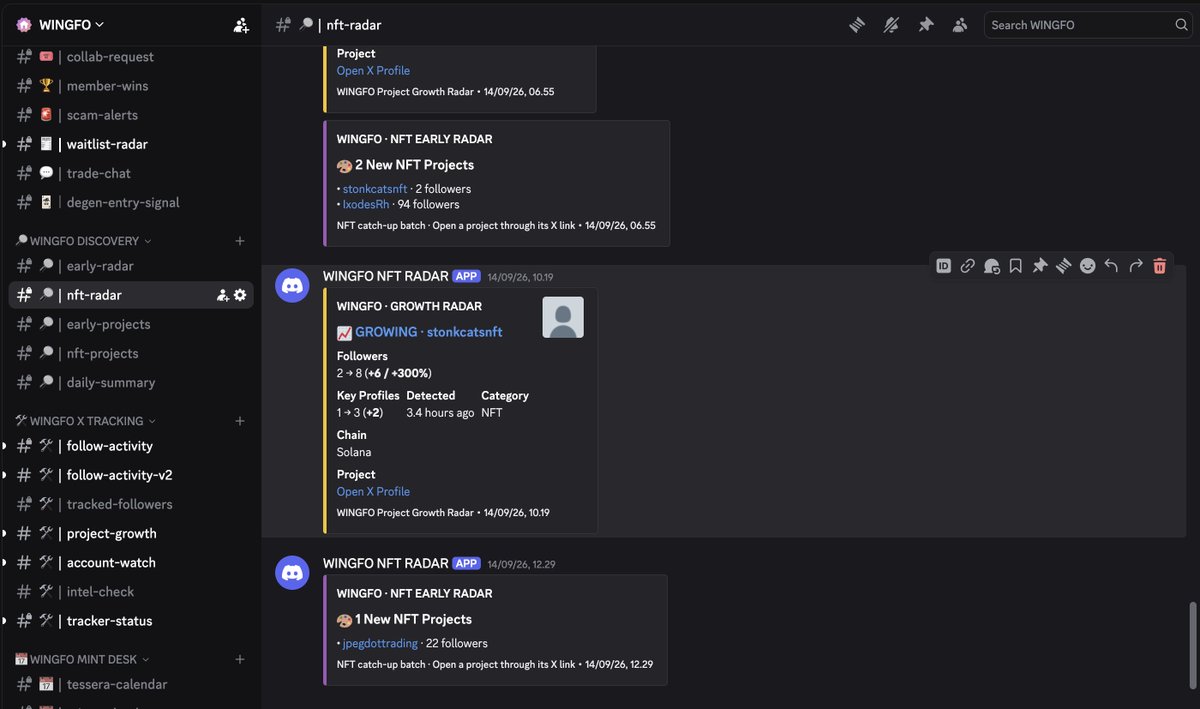 weingfo's tweet photo. This is what we're building inside WINGFO.

Right now, only 197 members are inside.

We regularly do random purges and curate the community again and again.

At one point, we basically started rebuilding our Discord from 0.

We're not trying to become the biggest community.
We're not trying to become the most famous either.

We just want WINGFO to actually be useful for the people inside.
⠀
That's why we keep building our own tools and making them available for every member for free.
⠀
WINGFO Discovery

• Early Radar
• NFT Radar
• Early Projects
• NFT Projects
• Daily Summary
⠀
WINGFO X Tracking

• Follow Activity
• Follow Activity V2
• Tracked Followers
• Project Growth
• Account Watch
• Intel Check
• Tracker Status
⠀
These tools help us discover early projects, monitor account growth, track follower activity, identify interesting early followers, and keep watching projects as they develop.
⠀
And this is only part of what we're building.

We also have several internal tools still in development that we haven't released to members yet.

We're continuing to test, improve, and build more systems behind the scenes before sharing them with the community.
⠀
Small community.

Only 197 members right now, and that's completely fine.

We'd rather keep curating than chase numbers.
⠀
And of course, a big thank you to the people behind WINGFO.

Founder:
@nadialuthi20

Our core CM team, @reeeip, who helped shape and build WINGFO from the ground up.

Core CMs:
@silzko
@egyptk6

And all the staff working quietly behind the scenes every day.
⠀
We're opening a few spots again.

If you want to join, make sure you only use our official Discord link:

https://t.co/fbCmIxKCj9
⠀
Good data. Better decisions.