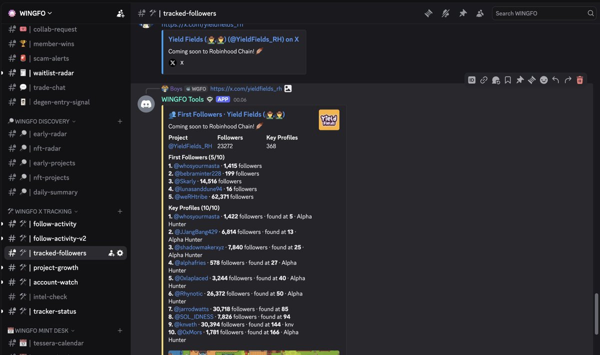 weingfo's tweet photo. This is what we're building inside WINGFO.

Right now, only 197 members are inside.

We regularly do random purges and curate the community again and again.

At one point, we basically started rebuilding our Discord from 0.

We're not trying to become the biggest community.
We're not trying to become the most famous either.

We just want WINGFO to actually be useful for the people inside.
⠀
That's why we keep building our own tools and making them available for every member for free.
⠀
WINGFO Discovery

• Early Radar
• NFT Radar
• Early Projects
• NFT Projects
• Daily Summary
⠀
WINGFO X Tracking

• Follow Activity
• Follow Activity V2
• Tracked Followers
• Project Growth
• Account Watch
• Intel Check
• Tracker Status
⠀
These tools help us discover early projects, monitor account growth, track follower activity, identify interesting early followers, and keep watching projects as they develop.
⠀
And this is only part of what we're building.

We also have several internal tools still in development that we haven't released to members yet.

We're continuing to test, improve, and build more systems behind the scenes before sharing them with the community.
⠀
Small community.

Only 197 members right now, and that's completely fine.

We'd rather keep curating than chase numbers.
⠀
And of course, a big thank you to the people behind WINGFO.

Founder:
@nadialuthi20

Our core CM team, @reeeip, who helped shape and build WINGFO from the ground up.

Core CMs:
@silzko
@egyptk6

And all the staff working quietly behind the scenes every day.
⠀
We're opening a few spots again.

If you want to join, make sure you only use our official Discord link:

https://t.co/fbCmIxKCj9
⠀
Good data. Better decisions.