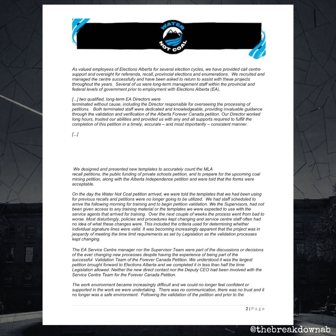 TheBreakdownAB's tweet photo. BREAKING!

Water Not Coal has released a copy of a letter detailing concerns at Elections Alberta, including...

- 2 directors being fired without cause
- Multiple changes to how their petition was being verified mid process
- A service manager & 4 supervisors quitting because of concerns the process was compromised.