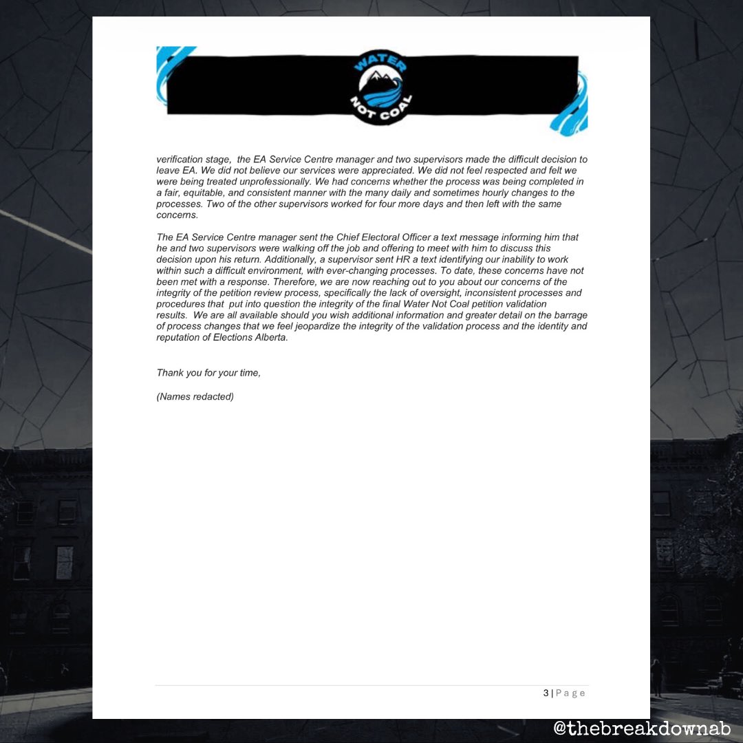 TheBreakdownAB's tweet photo. BREAKING!

Water Not Coal has released a copy of a letter detailing concerns at Elections Alberta, including...

- 2 directors being fired without cause
- Multiple changes to how their petition was being verified mid process
- A service manager & 4 supervisors quitting because of concerns the process was compromised.