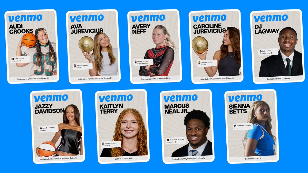Venmo's tweet photo. Meet the 2026-2027 Venmo NIL roster — 9 standout student-athletes across football, basketball, volleyball, gymnastics &amp; softball. Together, we’re launching Money Moves: turning NIL earnings into a way to pay it forward to the people behind their success 💙 https://t.co/u4cwnob2CQ https://t.co/dwWZiG5VsU