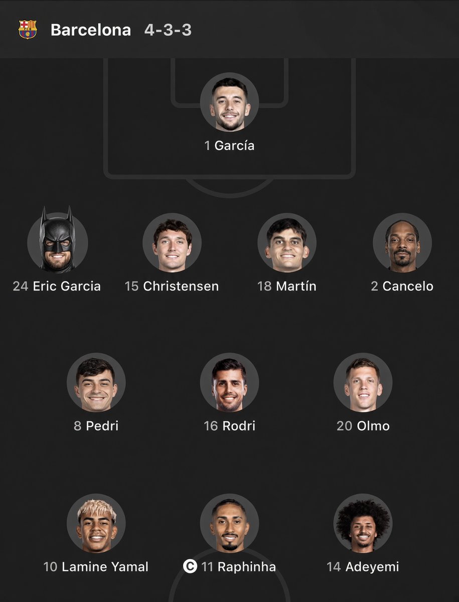 mastancono's tweet photo. Me gusta esta alineación para hoy, dando descansos sobretodo en defensa, aunque me habría gustado tal vez dar también algo de descanso a Lamine o Raphinha https://t.co/Q9MUwsXbMC