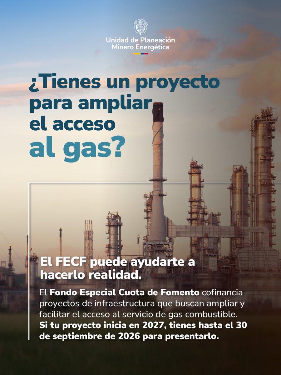 UPMEOficial's tweet photo. ¿Tienes un proyecto de infraestructura de gas para 2027? 

Si eres una empresa prestadora del servicio público domiciliario de distribución de gas combustible por redes o de transporte de gas combustible, esta información es exclusiva para ti.

Nuestro Fondo Especial Cuota de Fomento (FECF) puede cofinanciar hasta el 70% de proyectos que contribuyan a ampliar y facilitar el acceso de las comunidades al servicio de gas combustible.