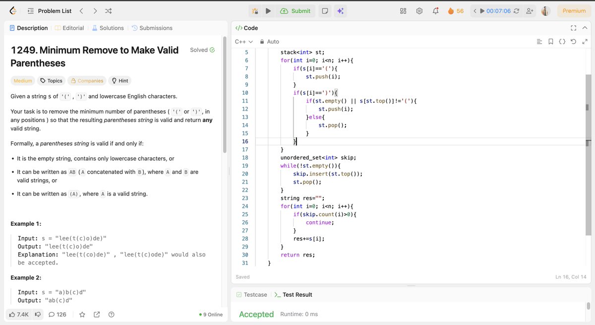 NGoyal91237's tweet photo. Solved LeetCode 1249 — Minimum Remove to Make Valid Parentheses 🧩

Used a stack-based approach to identify unmatched parentheses and remove the minimum number of invalid brackets.
Let's connect and discuss.

#LeetCode #DSA #CPlusPlus #ProblemSolving https://t.co/Hyhyb7DmVr