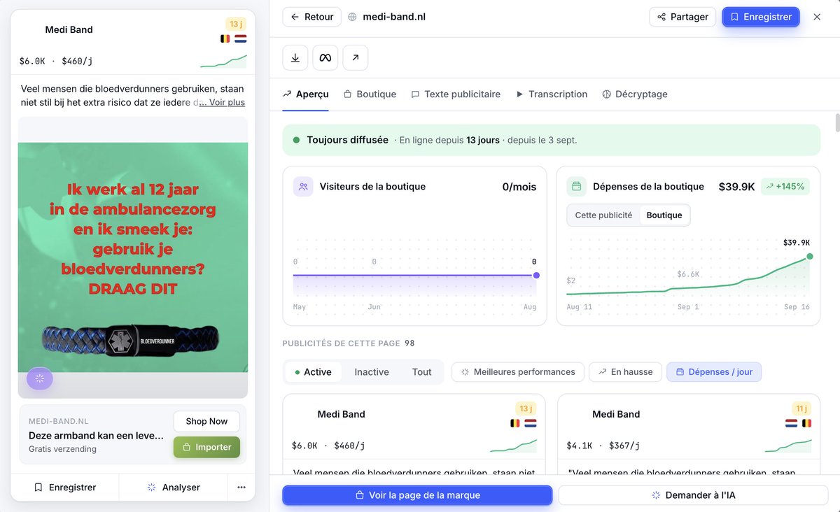 Hadex_ecom's tweet photo. Bonsoir la team , tout à l'heure je vous ai vaguement parlé de One Radar  ,  j'étais entrain de faire ma recherche prod pour mon Build in Public et j'suis tombé sur des shop en scaling récent , l'avantage avec one radar c'est qu'on à le Chiffre d'Affaire sur les boutique et on peut voir directement toutes les infos concernant la boutique , le spend , la courbe d'ads , son scaling , trier par scaling , je vous partage un petit prod trouver à l'instant et sur un seul screen on à tout ce qu'il faut pour trouver son produit à lancer sur son shop.

On peut voir ici que le produit à été lancé il y a 13 jours et qu'il est en fort scaling sur son produit avec la courbe de spend sur chaque ads.

Dépense de la boutique , dépense de la publicité , on peut trier par performances , spend , en hausses, récuperer les textes publicitaire les transcription c'est vraiment tout centralisé et l'interface est vraiment agréable pour la navigation et la prise en main.

RT+FOLLOW+LIKE et envoie moi ONE RADAR en DM je t'envoie les filtres utilisé !