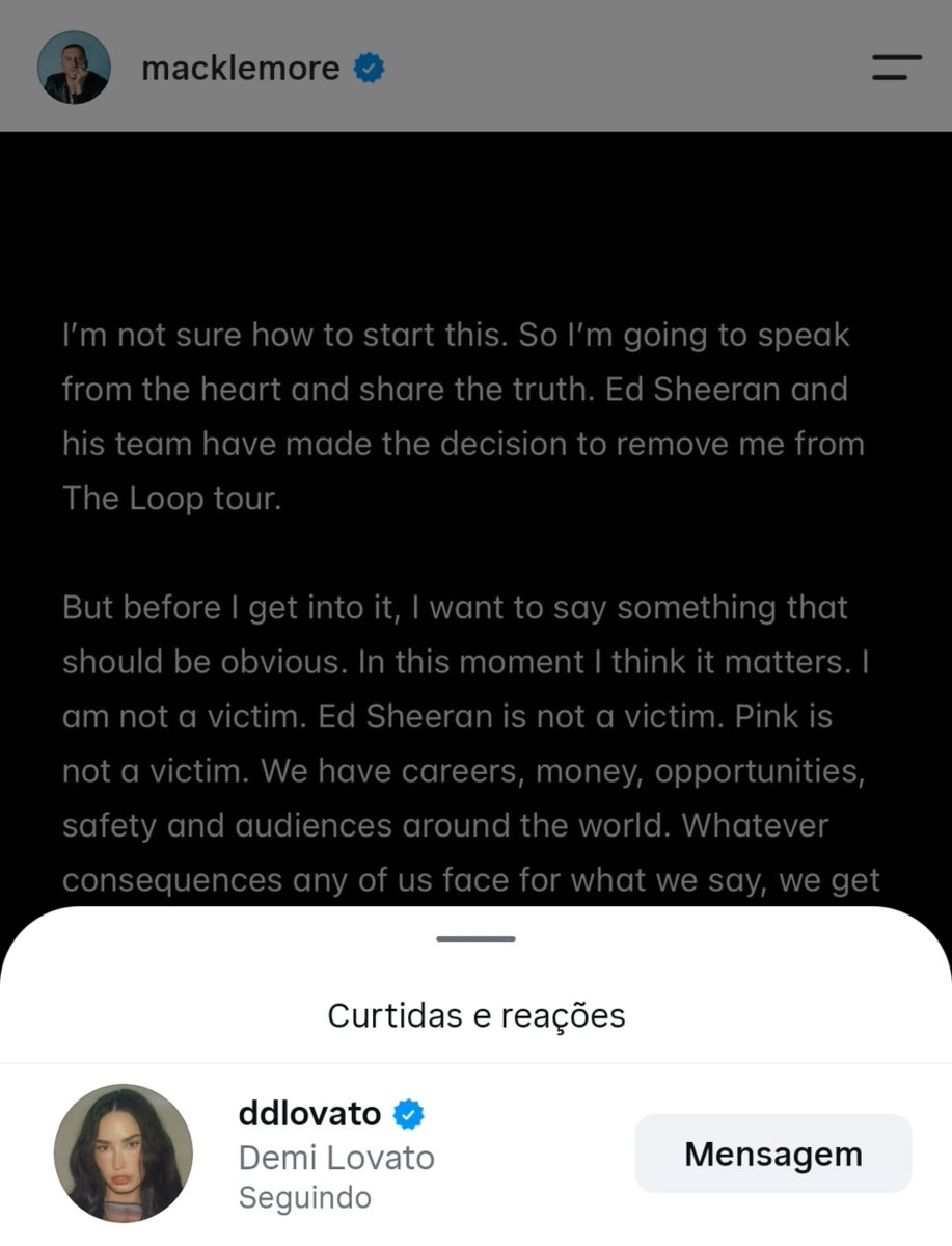 portallovato's tweet photo. Demi Lovato começou a seguir Macklemore e curtiu seu post sobre ter sido removido da turnê de Ed Sheeran após se posicionar em apoio à Palestina. https://t.co/G8RAzeXgag