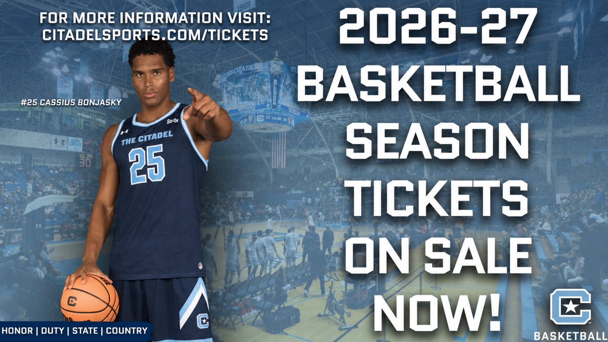 CitadelSports's tweet photo. 2026-27 The Citadel Basketball Season Tickets are ON SALE NOW! 🎟️🏀

Claim your seats today👇
https://t.co/acG1z59lXw https://t.co/8czVZQZLUv