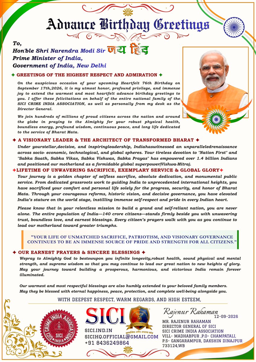 SICIHQ's tweet photo. Heartfelt advance 76th Birthday Greetings to our Hon'ble Prime Minister Shri @narendramodi Ji! 🇮🇳💐
Praying for your long &amp; healthy life in service of Bharat Mata. May your vision continue to empower 1.4 billion Indians! 🙏✨ @PMOIndia
Respectful regards, @DGSICI https://t.co/46f2ZAyaJj