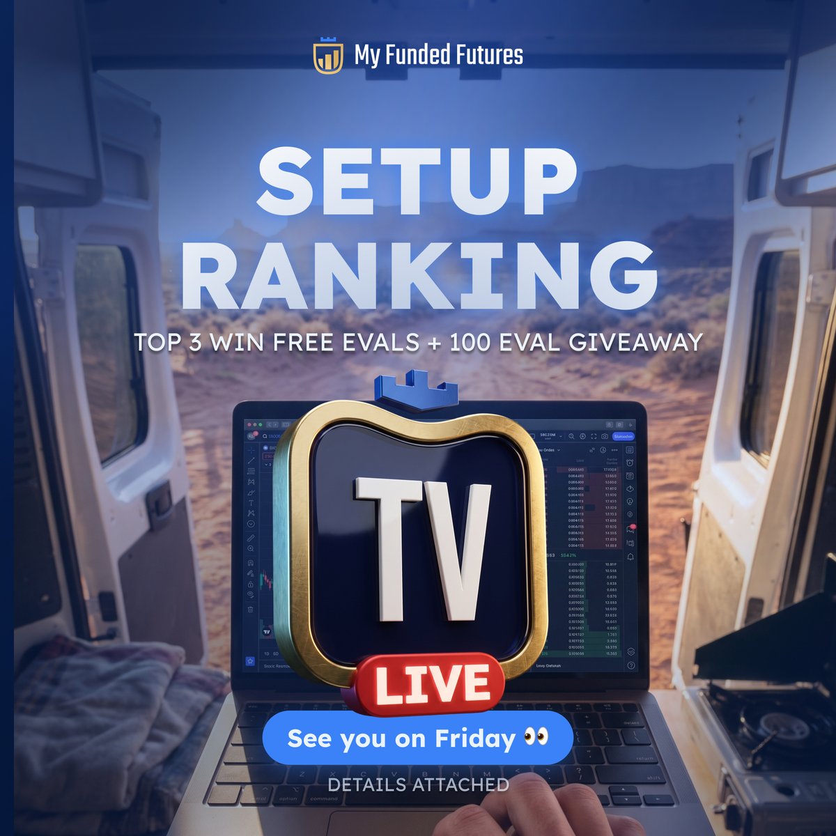 MyFundedFutures's tweet photo. 🖥️ TRADING SETUP RANKING

Show us where you trade from. Not your chart setup. Your real setup: the PC, the laptop, the phone, the desk it all sits on.

How to enter:
1. Follow @MyFundedFutures & @MyFundedTV 
2. Repost this post
3. Reply to this post with a photo of your setup (up to 4 pics)
4. Entries close Friday, Sept 18 at 9:00 AM ET

The MFTV hosts go through every entry live on Friday's episode and hand-pick the top 3. Layout, cleanliness, creativity, and the story behind it. Budget doesn't matter. A clean one-monitor desk beats a six-screen mess.

Top 3 setups each win a free eval. Winners announced live in @MyFundedTV 

One entry per person. Photos must be your own setup. See you Friday. 🏆