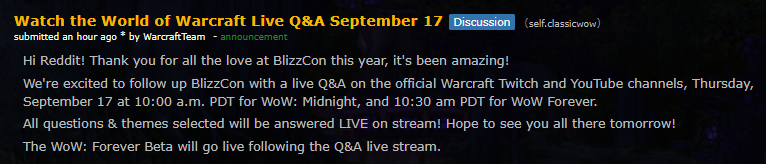 BigHeroSixy's tweet photo. Exciting news about WoW Forever Beta Launch Time!

Taken from a post on the classicwow subreddit from the WarcraftTeam, they have said the beta will go live following the Q&amp;A live stream. The Q&amp;A starts at 10:30am PDT for WoW Forever.

Prepare yourselves! WE HAVE A TIME! https://t.co/Ud9wUIvyUw