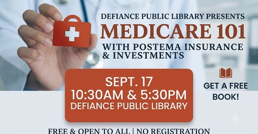 dplslibraries's tweet photo. Postema Insurance &amp; Investments will offer 2 more free Medicare 101 sessions tomorrow (Thursday, 9/17) at Defiance Public Library.

Sessions are at 10:30AM &amp; 5:30PM. They are free and open to all adults, and no registration is needed. https://t.co/EIE4m0RkUF
