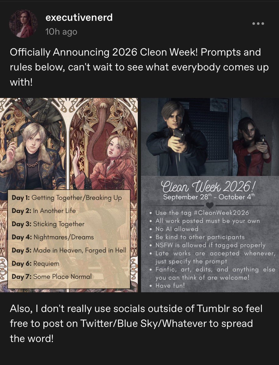 cIairesupremacy's tweet photo. heyy yalllll oomfie on tumblr is doing a cleon week starting september 28th through october 4th and i know yall are awesome artists so if you want to participate you can use the tag #cleonweek2026 on tumblr or twitter :)) just for funsies! https://t.co/LeoqKij8VA