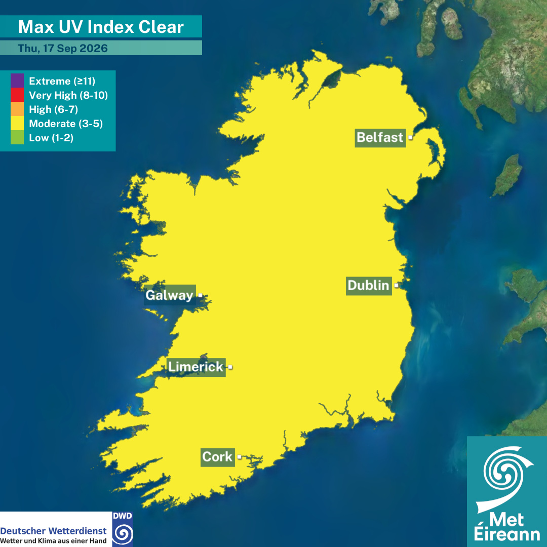 MetEireann's tweet photo. UV Index for Thursday, 17th September:

➡️ Moderate under clear skies ☀️ 
➡️ Low to moderate under cloudy skies ☁️

Be #SunSmart 👉 protect your skin &amp; eyes from the sun 🕶️ 🧴 

For more information, please visit:
🔗 https://t.co/HPryW0cMDo https://t.co/O6d7hjVWhZ