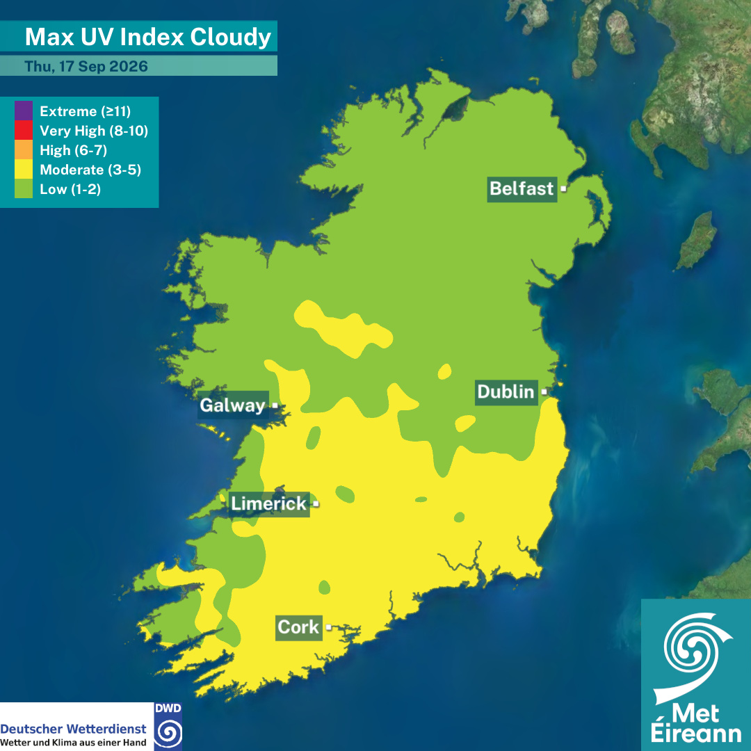 MetEireann's tweet photo. UV Index for Thursday, 17th September:

➡️ Moderate under clear skies ☀️ 
➡️ Low to moderate under cloudy skies ☁️

Be #SunSmart 👉 protect your skin &amp; eyes from the sun 🕶️ 🧴 

For more information, please visit:
🔗 https://t.co/HPryW0cMDo https://t.co/O6d7hjVWhZ